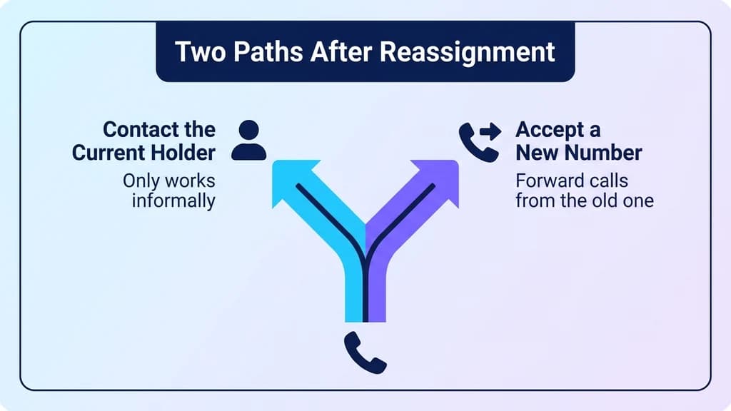 Two paths after a number is reassigned: contacting the current owner directly, or accepting a new number and updating contacts