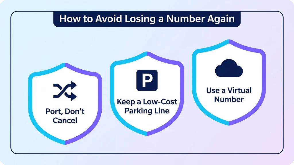 Three shield badges labeled port don't cancel, keep a parking line, and use a virtual number