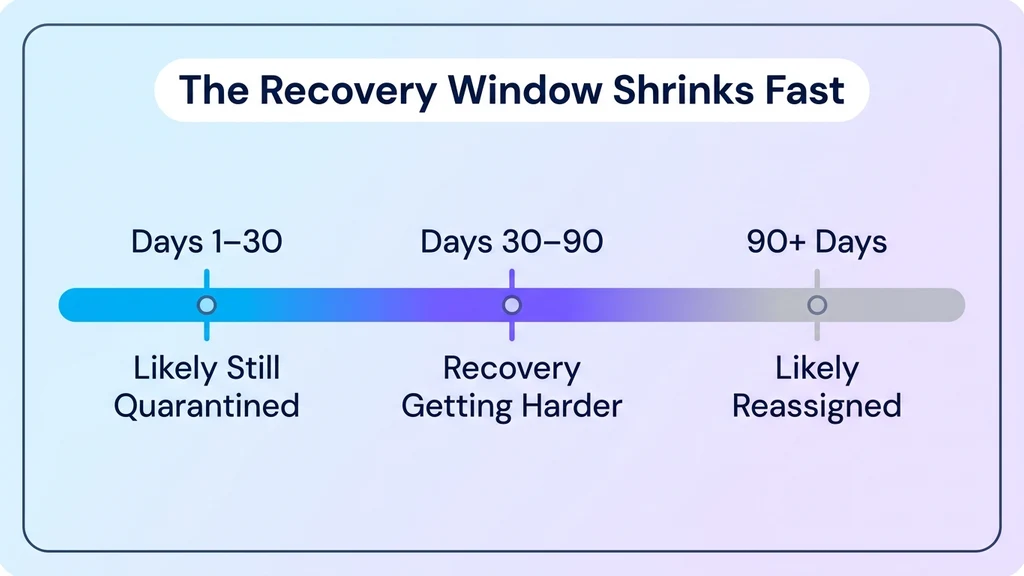 Timeline showing a phone number's recovery window shrinking from days to weeks to permanently reassigned