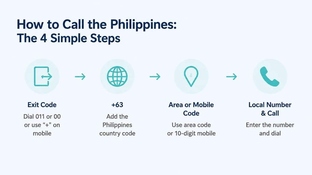 Four simple steps to call the Philippines: exit code, country code, area or mobile code, and local number