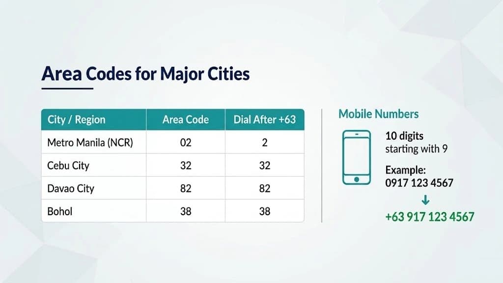 Philippine area codes for major cities including Metro Manila, Cebu, Davao, and Bohol
