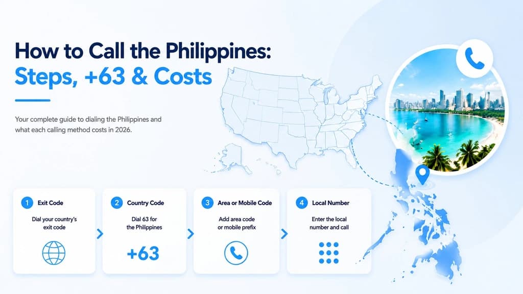 Guide to calling the Philippines showing dialing steps, +63 country code, and per-minute costs