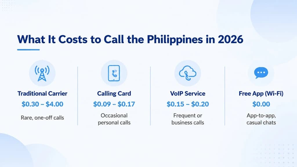 What it costs to call the Philippines in 2026 comparing carriers, calling cards, VoIP, and free apps