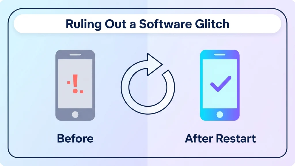 A phone with a glitch icon transforming into a phone with a checkmark around a restart arrow