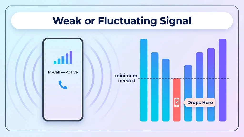 A wave graph dipping below a threshold line with a phone-drop icon at the low point
