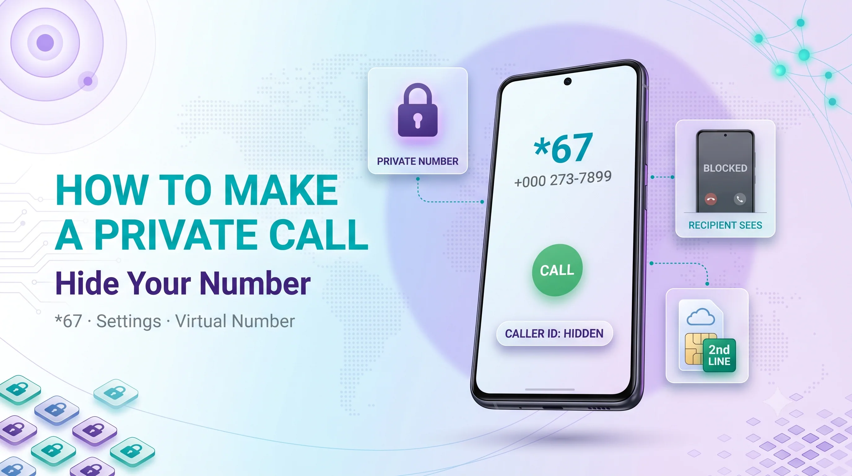 How to make a private call infographic showing *67, settings, and virtual number methods to hide your number