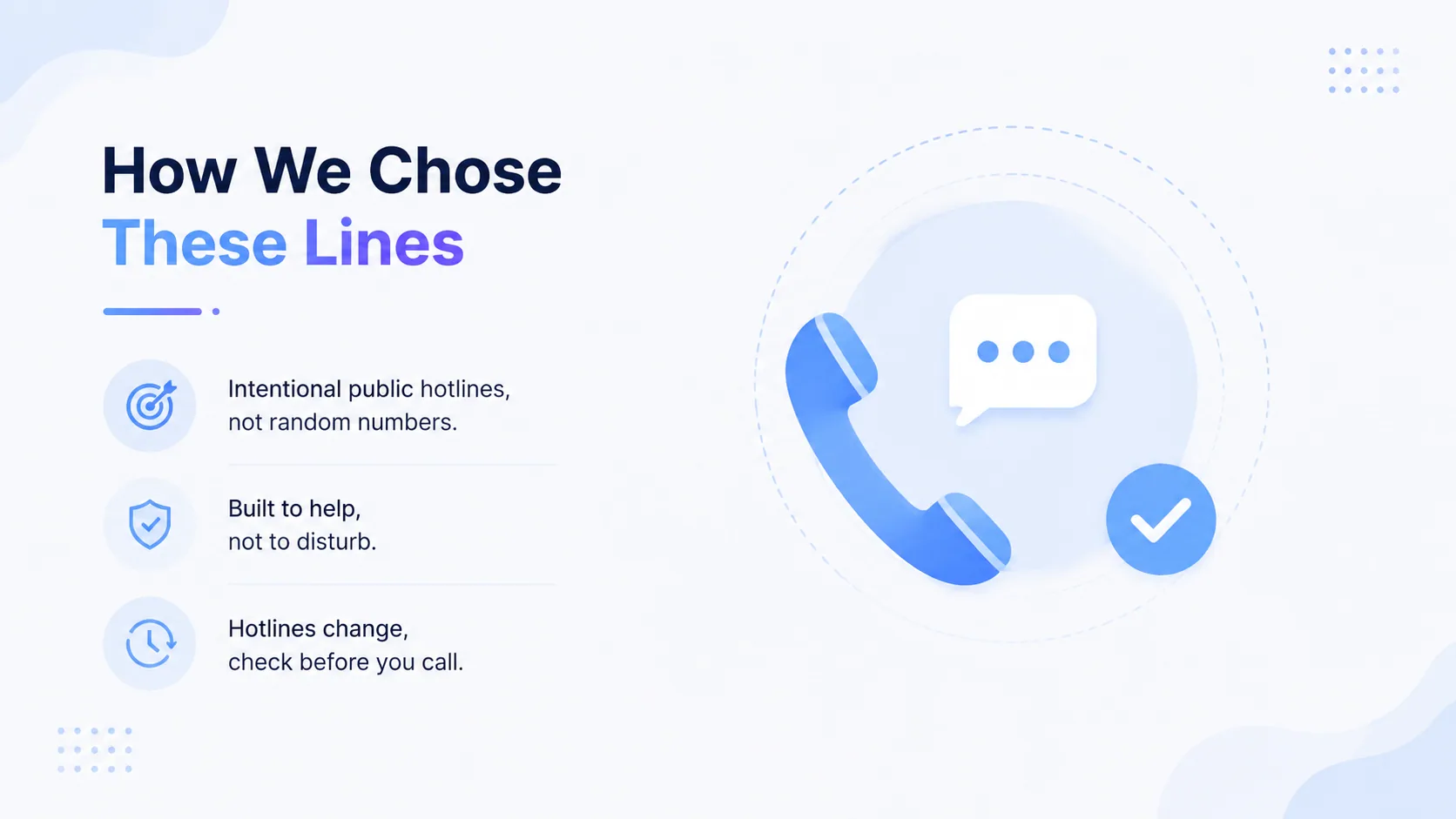 How we chose these lines: intentional public hotlines, built to help, and checked before you call