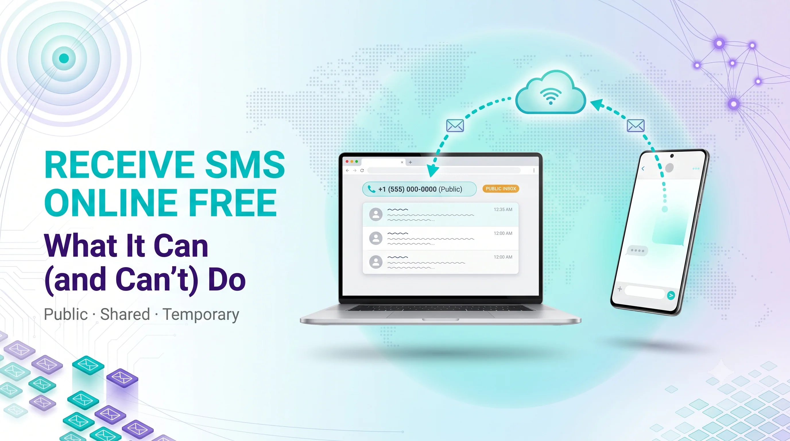 Receive SMS online free overview — a public, shared, temporary virtual number displaying incoming texts on a laptop and phone