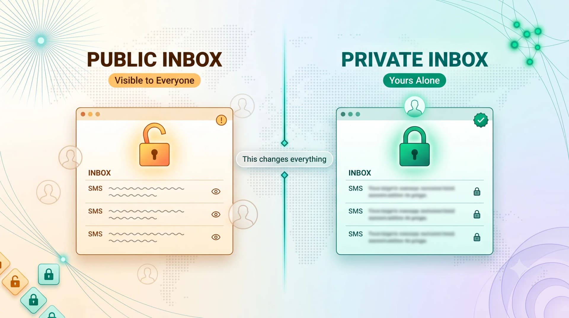 Public inbox versus private inbox — a public free number's messages are visible to everyone, while a private inbox is yours alone