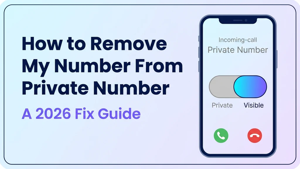 Smartphone showing an outgoing call labeled Private Number with a toggle switch flipping it to show the real caller ID