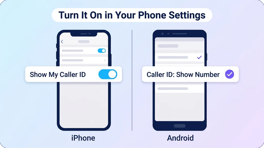 iPhone and Android caller ID settings screens both showing a Show My Caller ID toggle switched on