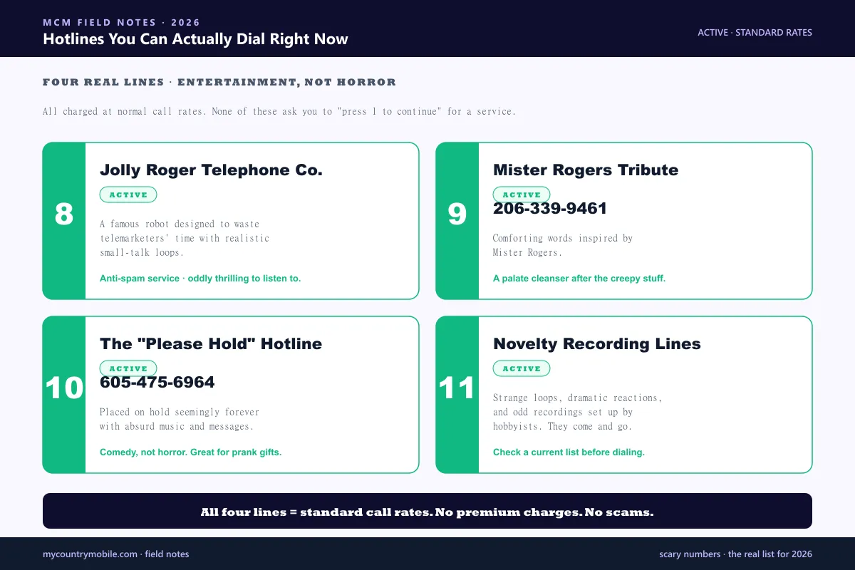 Active phone hotlines you can safely call — Jolly Roger Telephone, Mister Rogers Tribute at 206-339-9461, Please Hold at 605-475-6964, and novelty recording lines