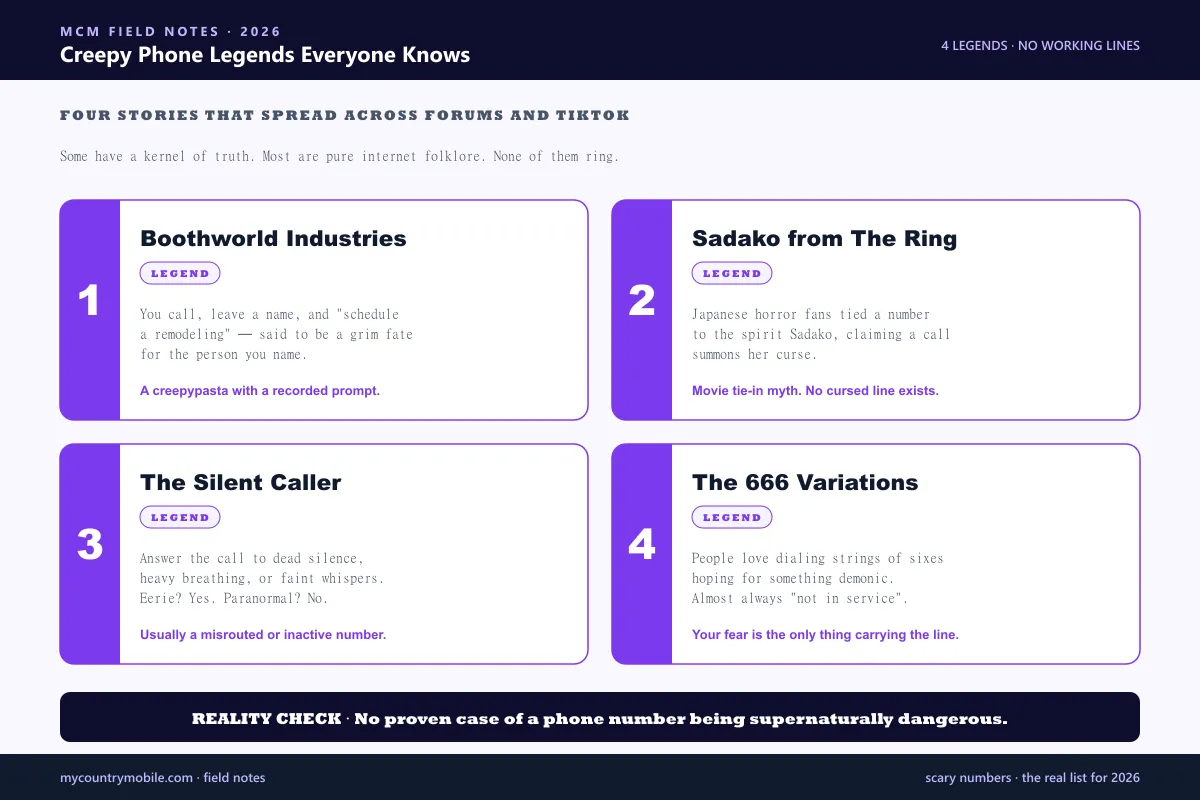 Four famous creepy phone legends — Boothworld Industries, Sadako from The Ring, the Silent Caller, and the 666 variations, all tagged as legend with no working number