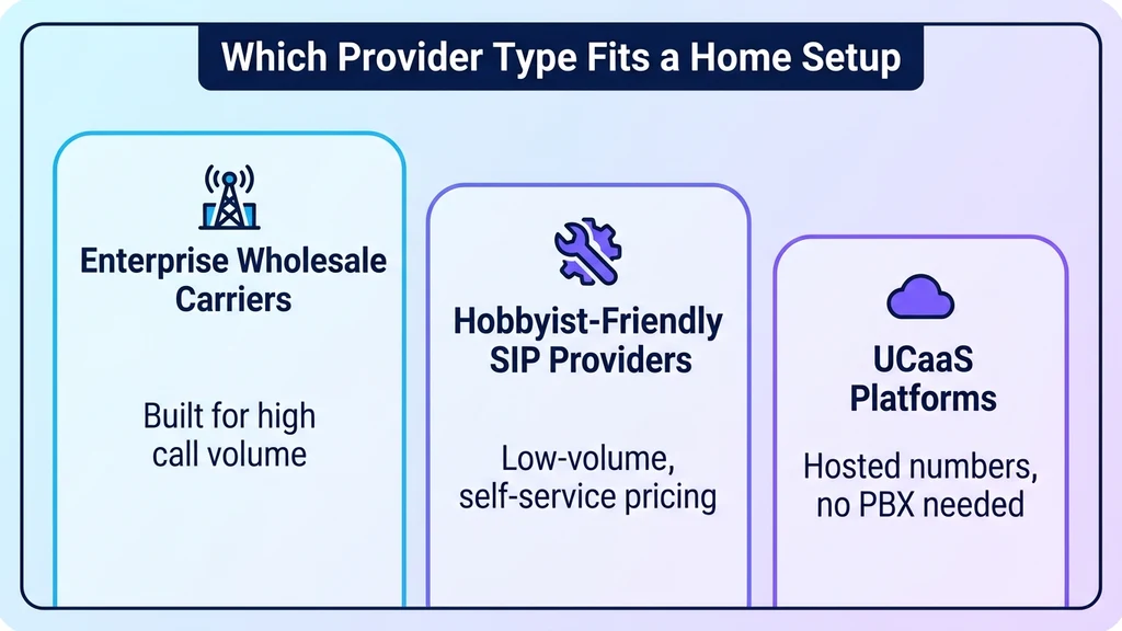 Three panels of varying width labeled enterprise carriers, hobbyist-friendly SIP services, and UCaaS platforms