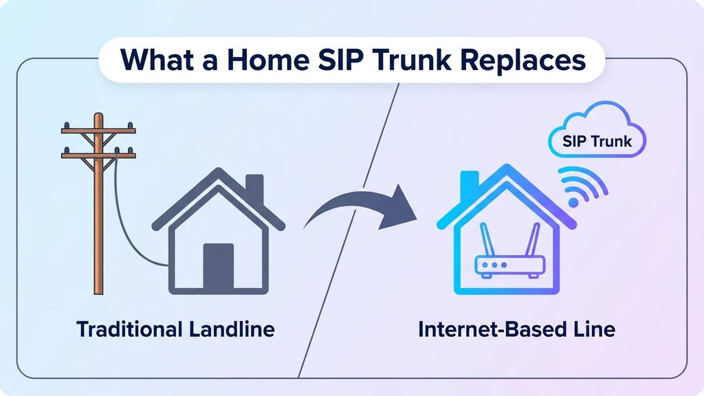 Diagonal split showing a copper telephone pole on one side and a Wi-Fi router sending a signal to a cloud on the other