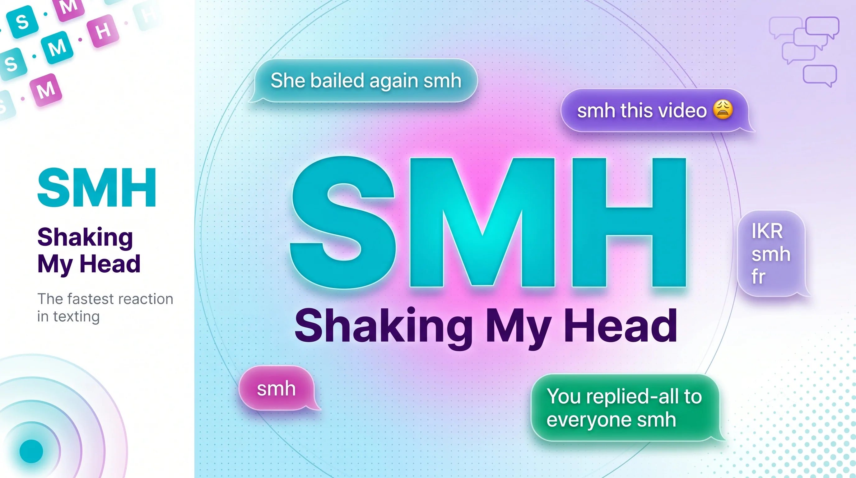 SMH meaning infographic showing 'SMH - Shaking My Head, the fastest reaction in texting' with example text bubbles