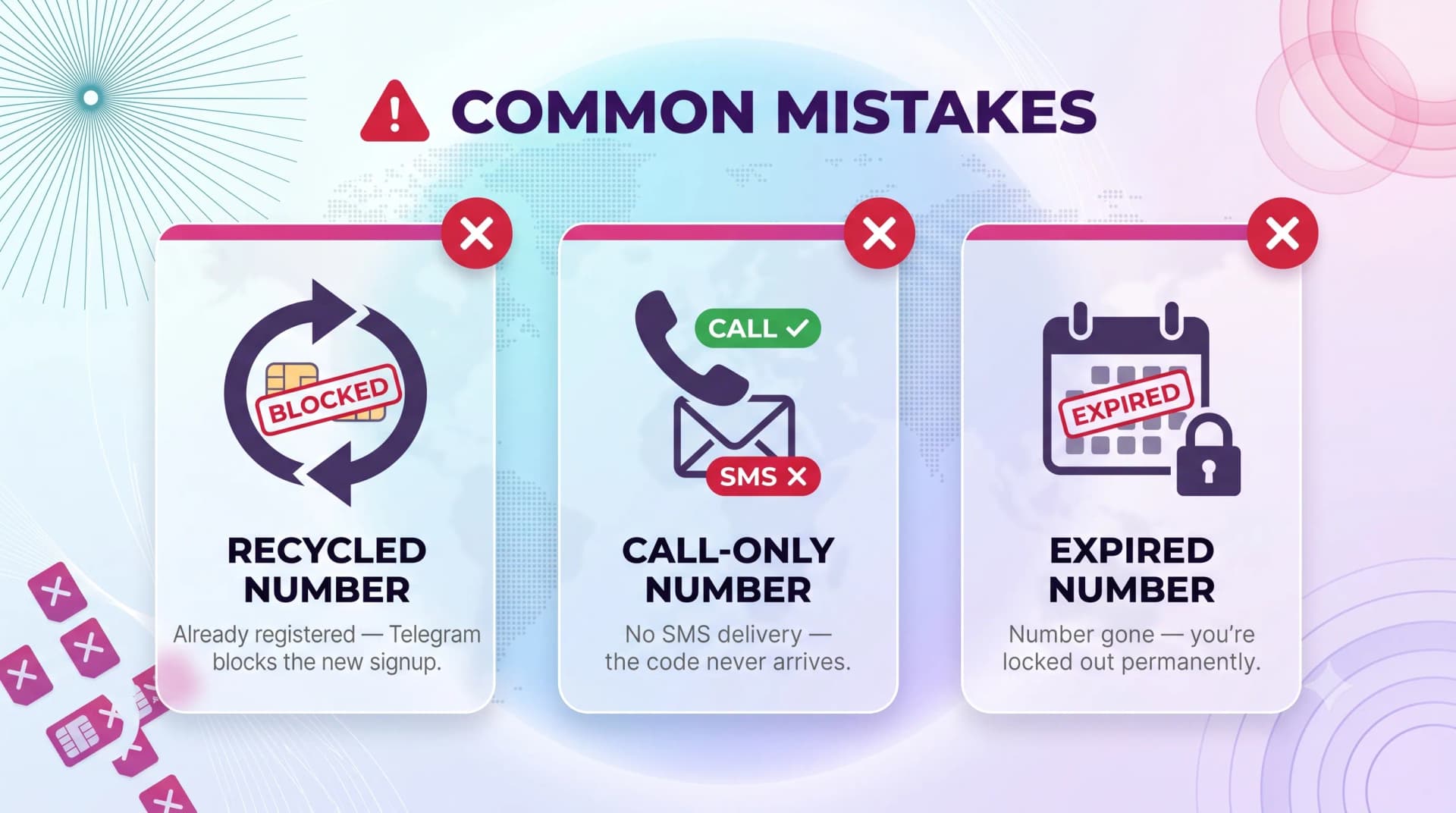 Common mistakes that get Telegram numbers rejected: recycled numbers, call-only numbers, and expired numbers