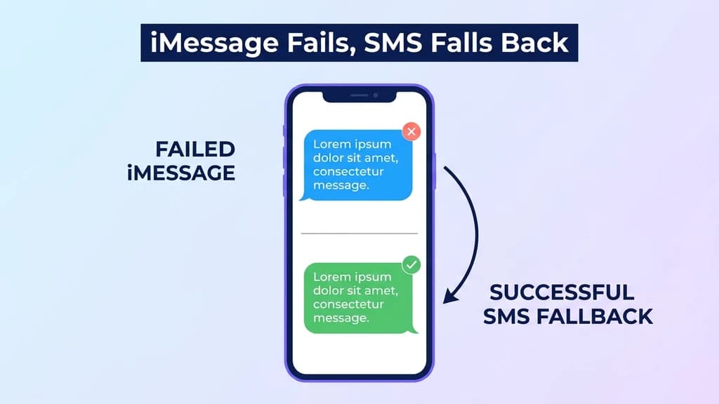 iPhone showing a blue iMessage bubble failing and automatically falling back to a green SMS bubble