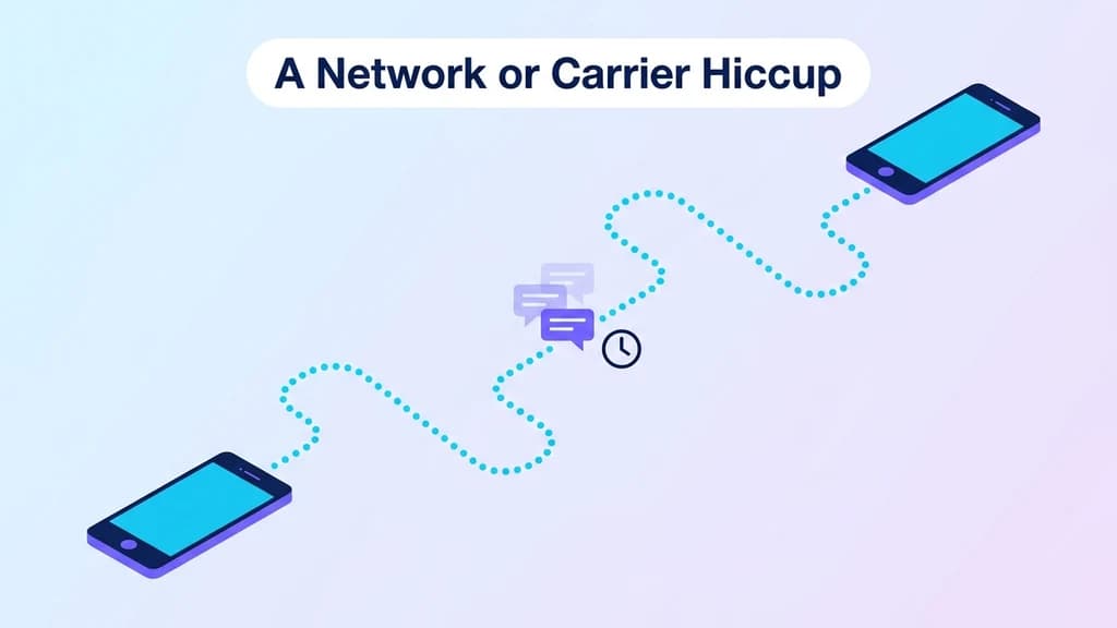 Text message stuck in a queue between two phones, representing a temporary network or carrier delay before delivery