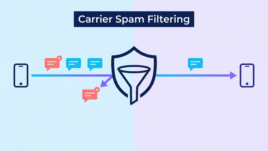 Carrier spam filter intercepting a message before it reaches the recipient, shown with a shield icon blocking the path