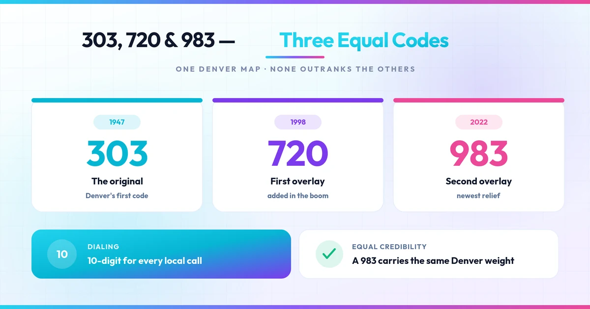 The 303, 720, and 983 overlay — three equal area codes sharing one Denver map