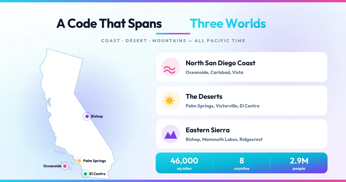 California map of the 760 footprint with coast, desert, and mountain terrain rows and scale stats
