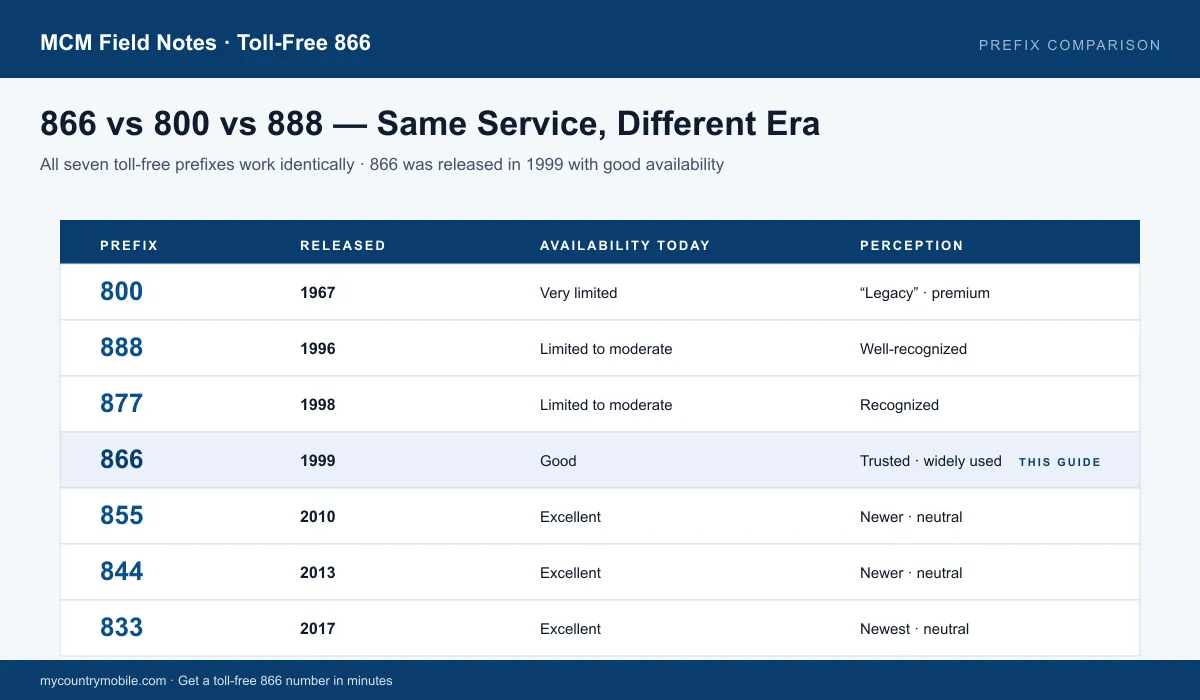 Toll-free prefix comparison — 800 (1967), 888 (1996), 877 (1998), 866 (1999, highlighted), 855/844/833 (2010s), with availability and perception