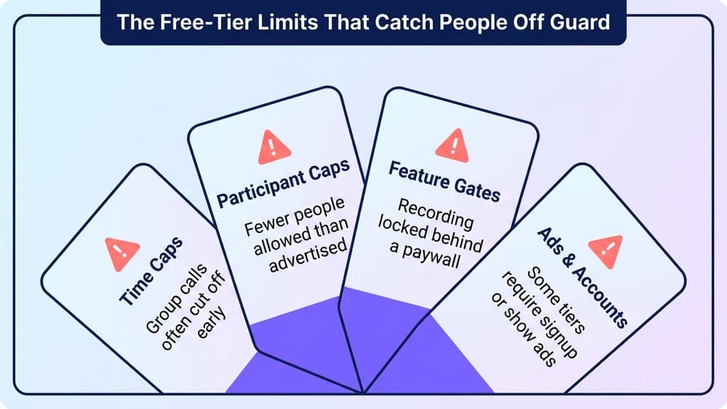 Four common free-tier limits across video calling apps: time caps on group calls, participant caps, feature gates, and ads