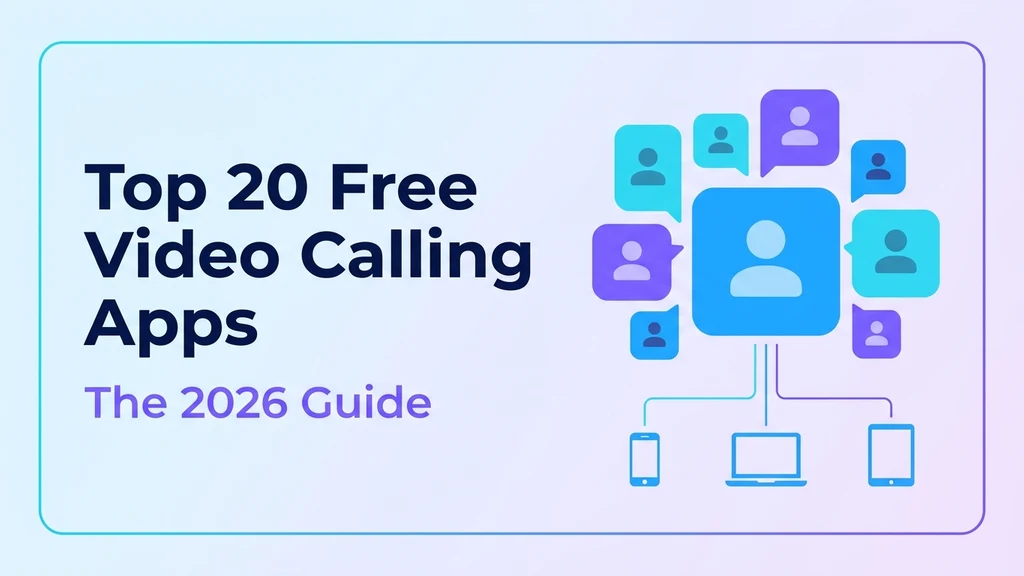 Grid of video call bubbles representing 20 different free video calling apps connecting people across devices