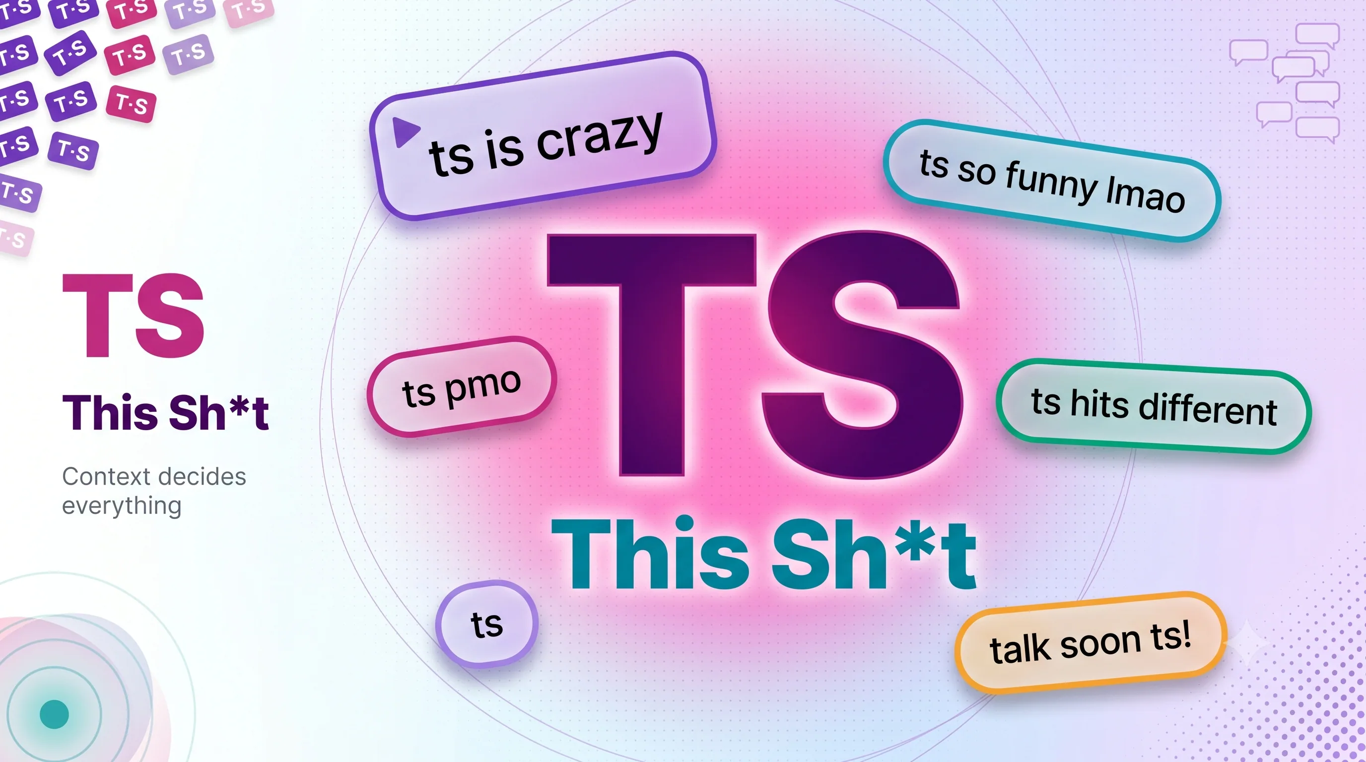 TS meaning overview card showing TS stands for this sh*t with example phrases and the note that context decides everything