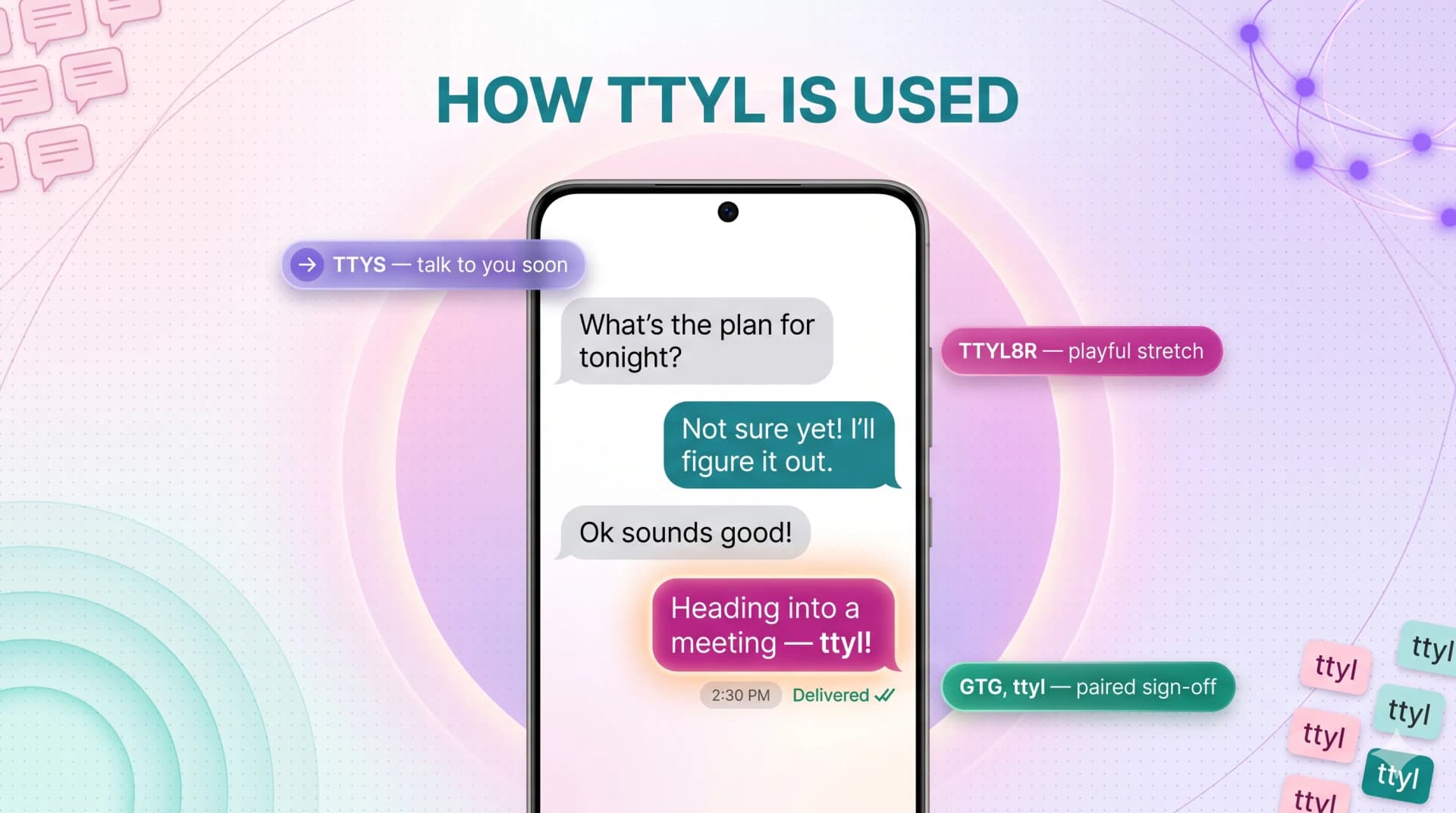 How TTYL is used — sample text conversation ending with "Heading into a meeting — ttyl!"