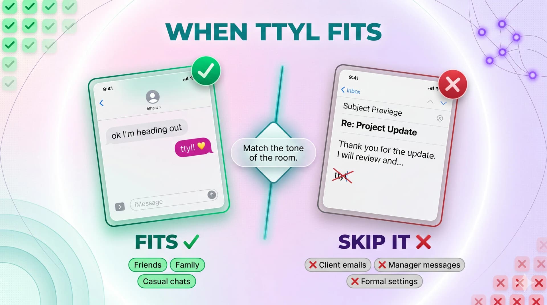 When TTYL fits versus when to skip it — casual chats fit, formal emails do not