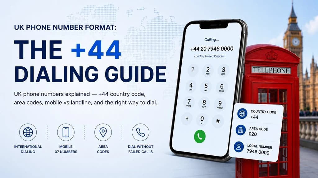 UK phone number format — country code +44, drop the trunk 0 when dialing from abroad, area codes from 020 London to 016977 rural