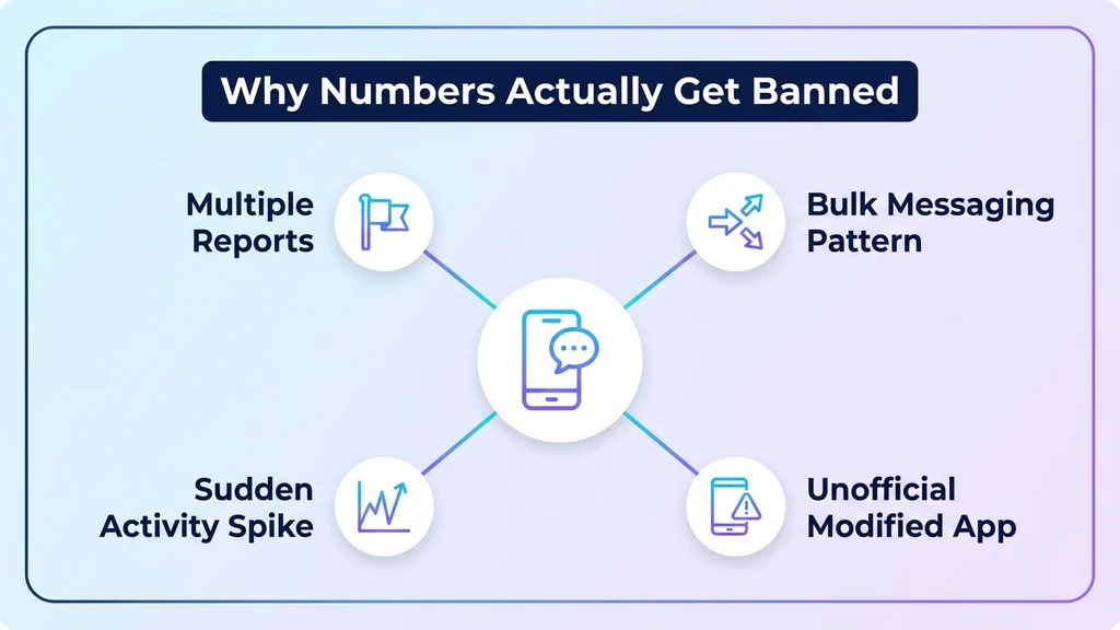 Four causes of a WhatsApp ban: message reports, automated bulk-messaging systems, an unofficial modified app, and account age or activity spikes