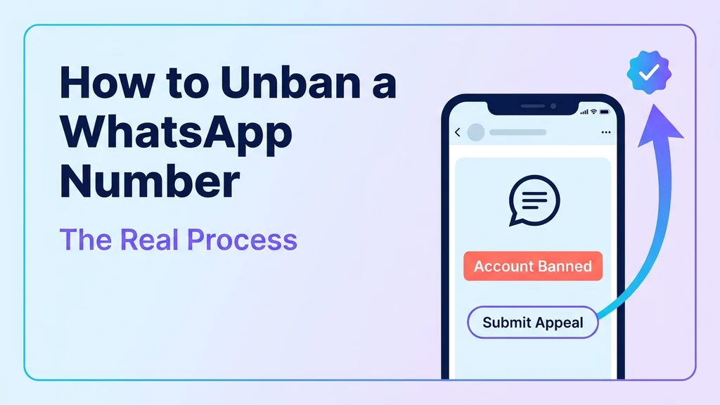 Smartphone showing a WhatsApp ban screen with a submit-appeal button leading toward a restored checkmark