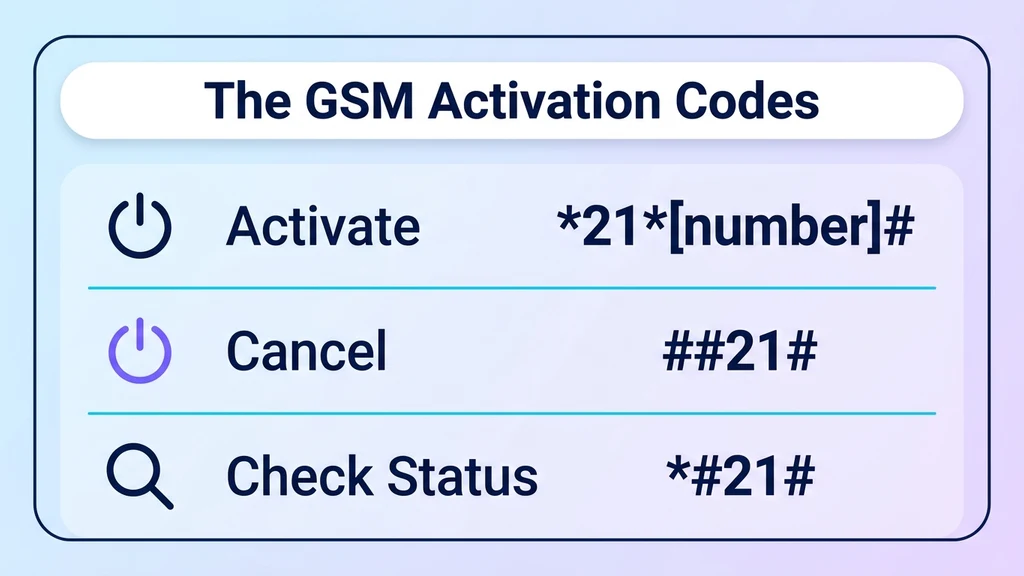 GSM star codes for unconditional call forwarding: activate with star 21 star number pound, cancel with pound pound 21 pound