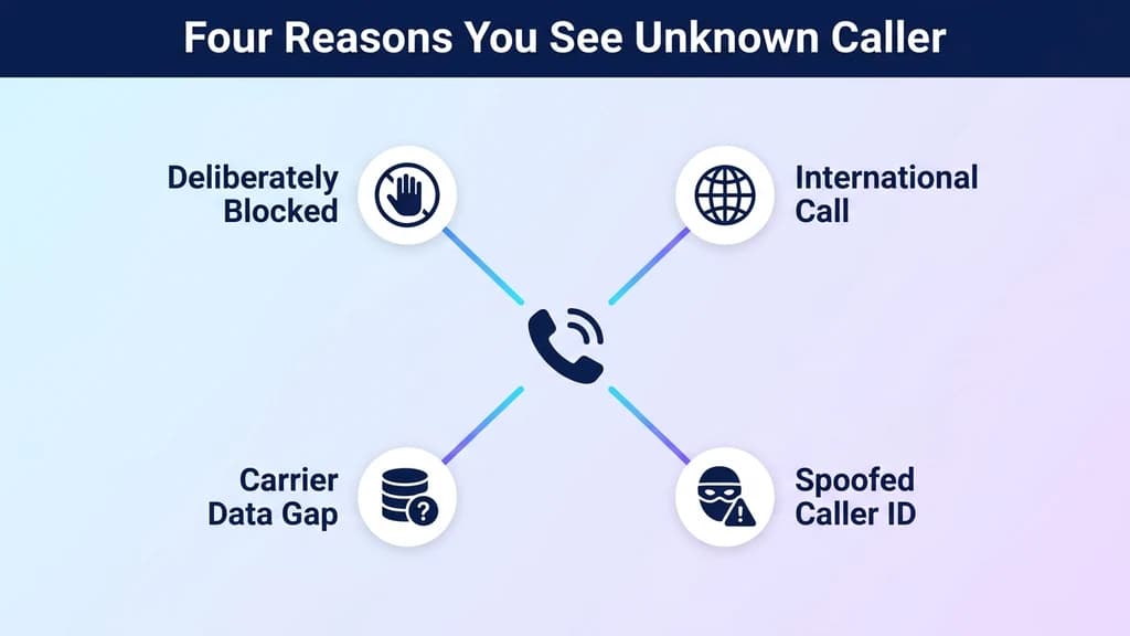 Four causes of Unknown Caller: deliberately blocked number, international call, spoofed caller ID, and carrier data gap