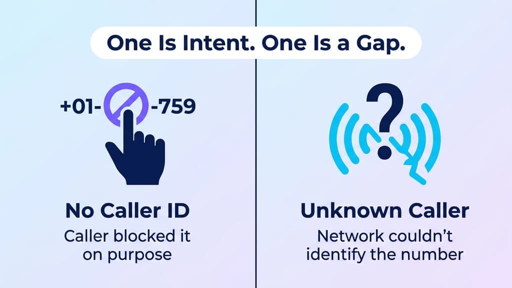 Comparison diagram: No Caller ID means the caller blocked their number on purpose, Unknown Caller means the network couldn't identify the number at all