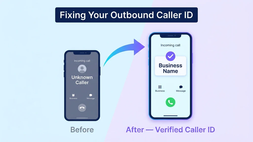 Before and after: a business phone number showing as Unknown Caller versus displaying a verified registered business name