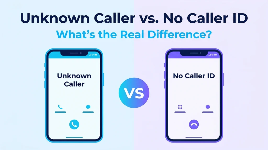 Two phone screens side by side, one showing Unknown Caller and one showing No Caller ID, with a comparison arrow between them