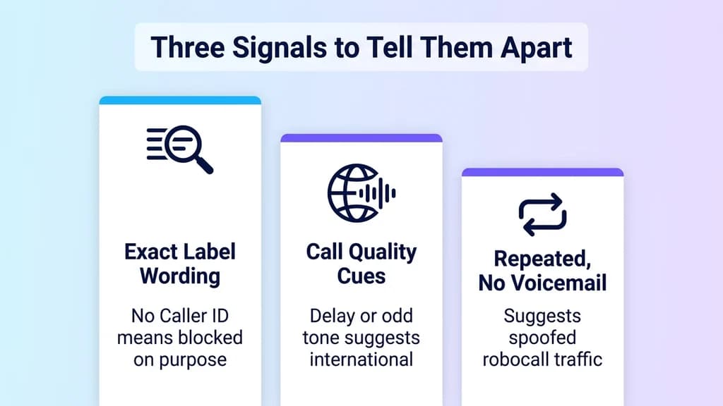 Three signals for identifying the source of a call: exact label wording, international call quality cues, and repeated calls with no voicemail