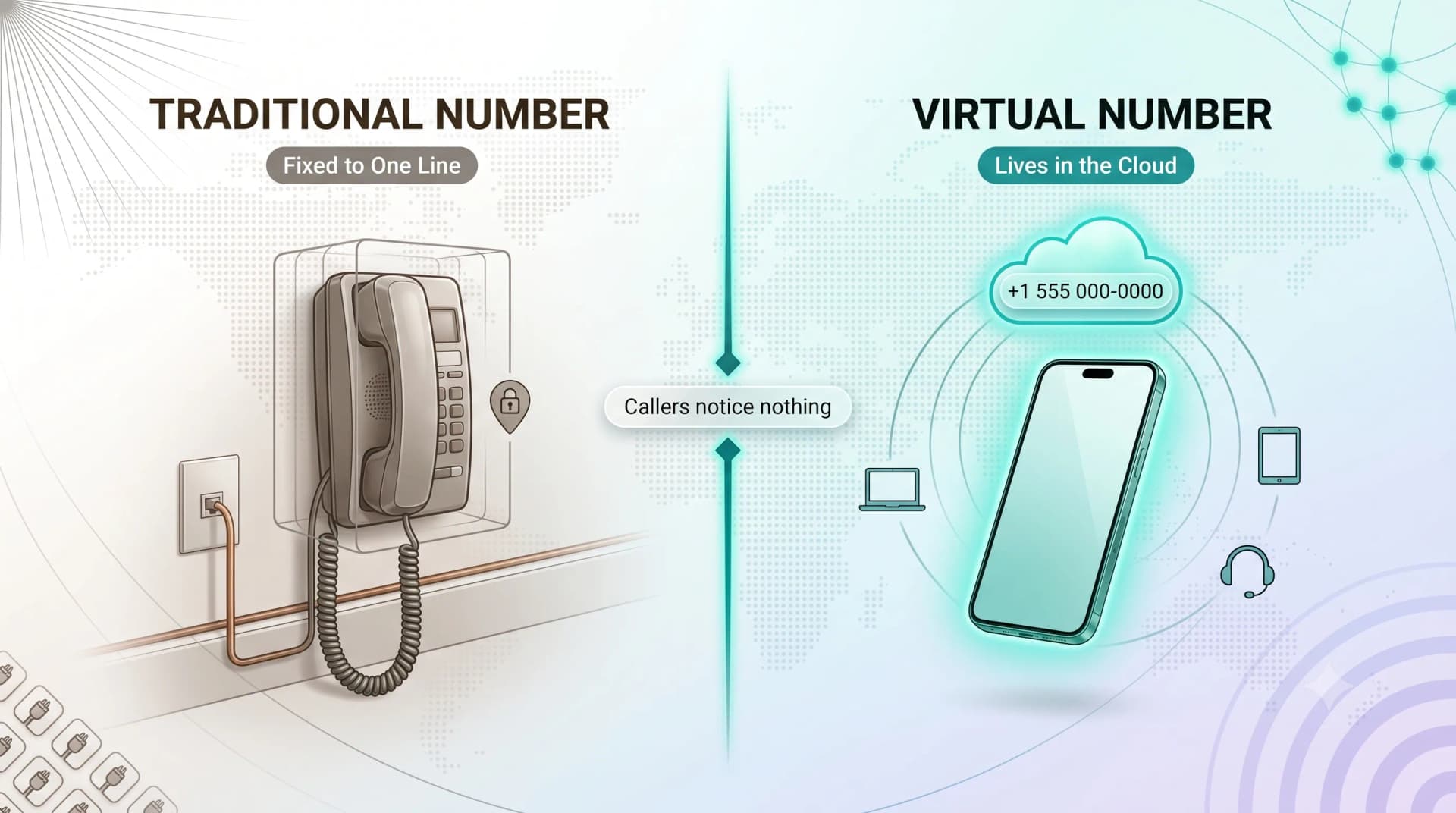 Comparison infographic of a traditional number fixed to one line versus a virtual number that lives in the cloud, with callers noticing nothing