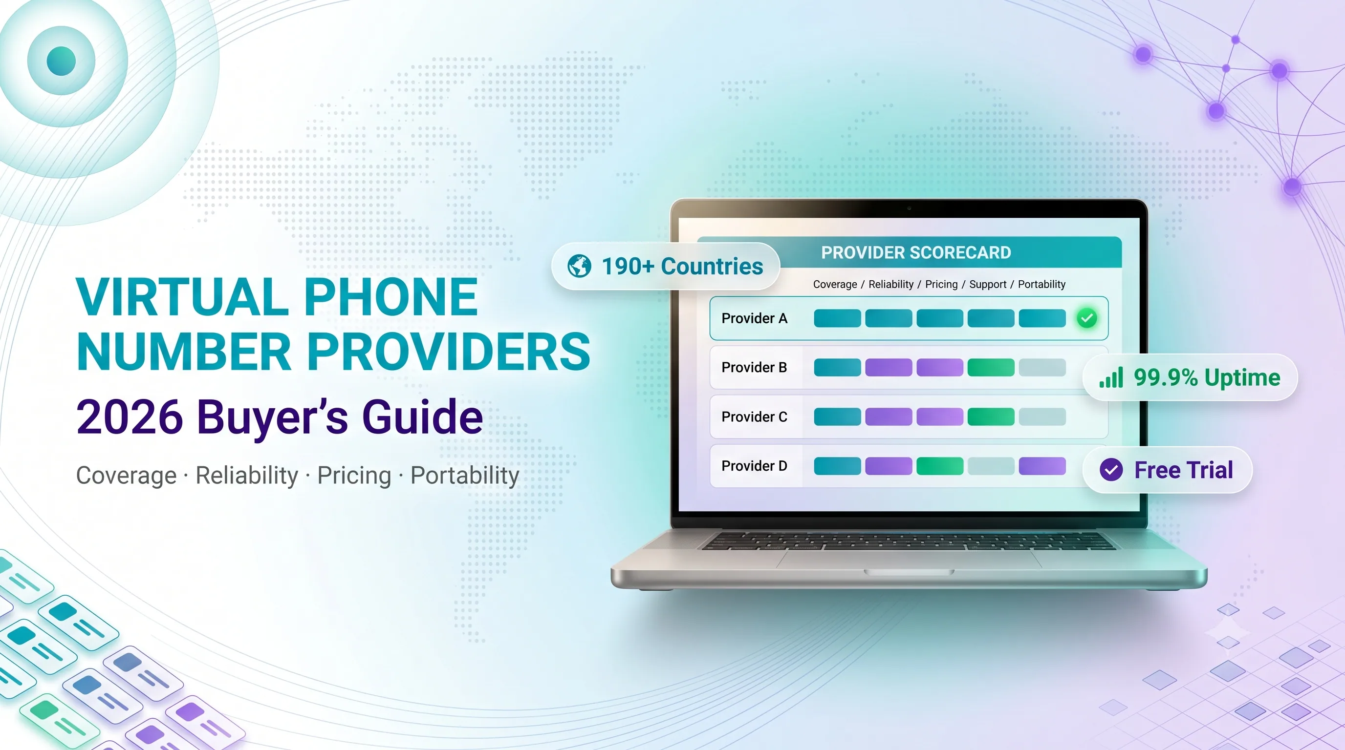 Virtual phone number providers 2026 buyer's guide with a provider scorecard comparing coverage, reliability, pricing, and portability