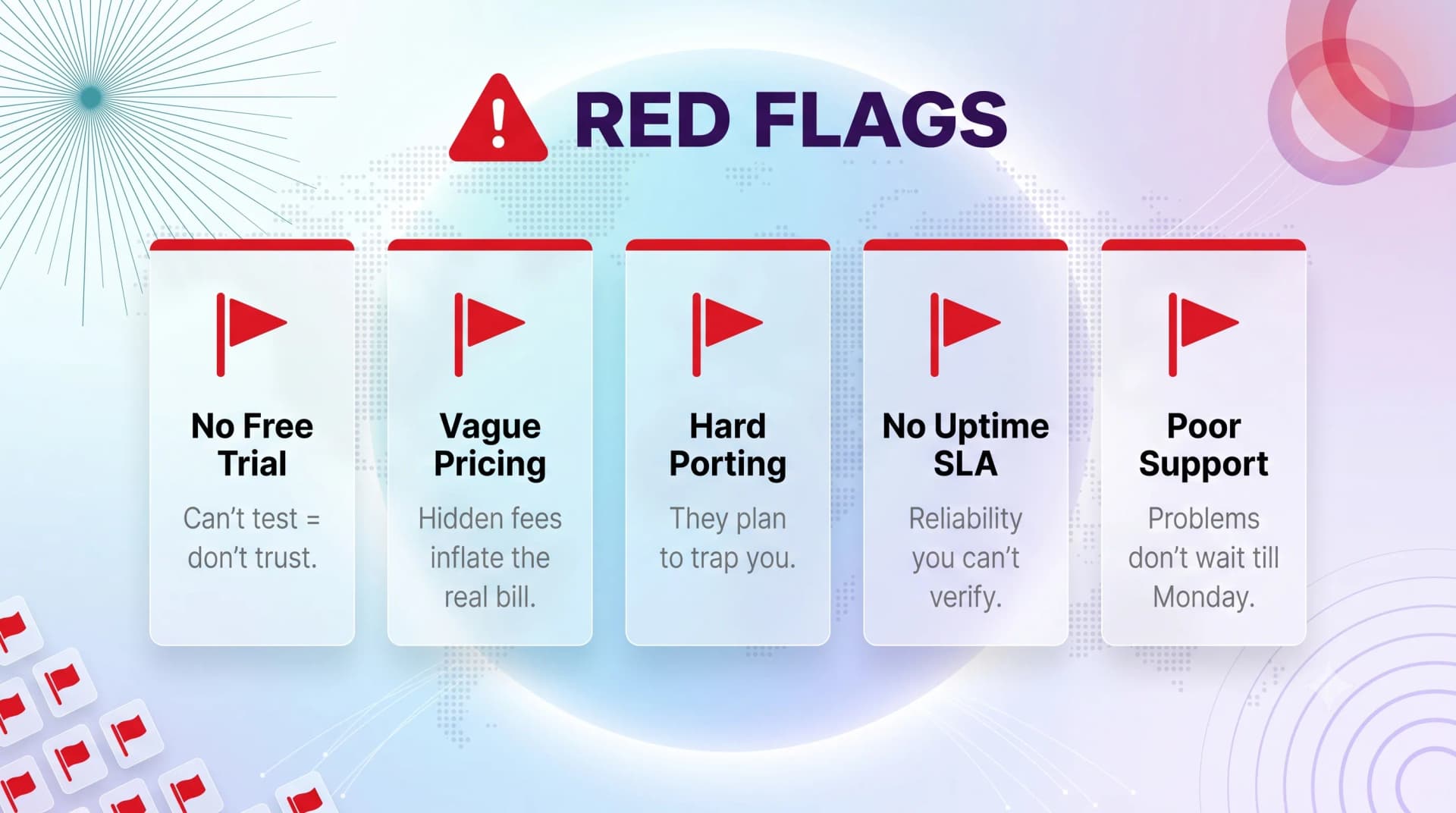 Red flags when choosing a virtual phone number provider: no free trial, vague pricing, hard porting, no uptime SLA, and poor support