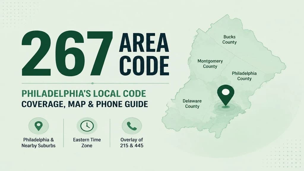 267 area code — Philadelphia and inner suburbs, overlay of 215 and 445, Eastern Time