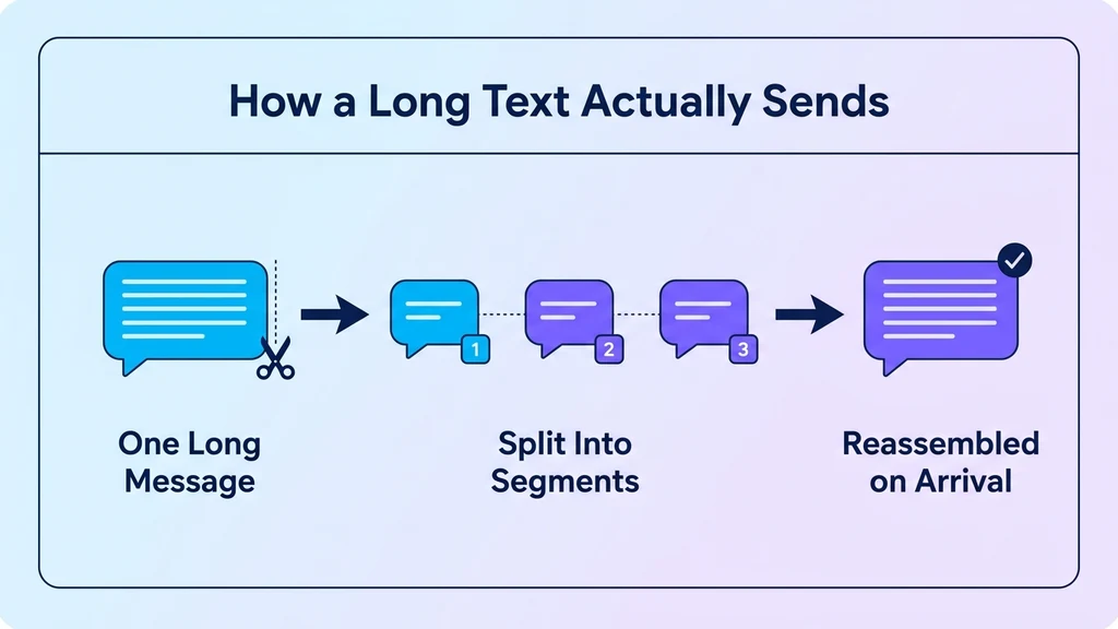 A long message splitting into three numbered segments and reassembling into one message