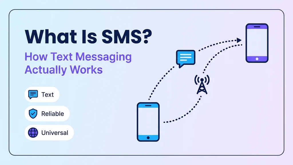 Text message traveling from one phone through a carrier network to another phone, showing what SMS actually means