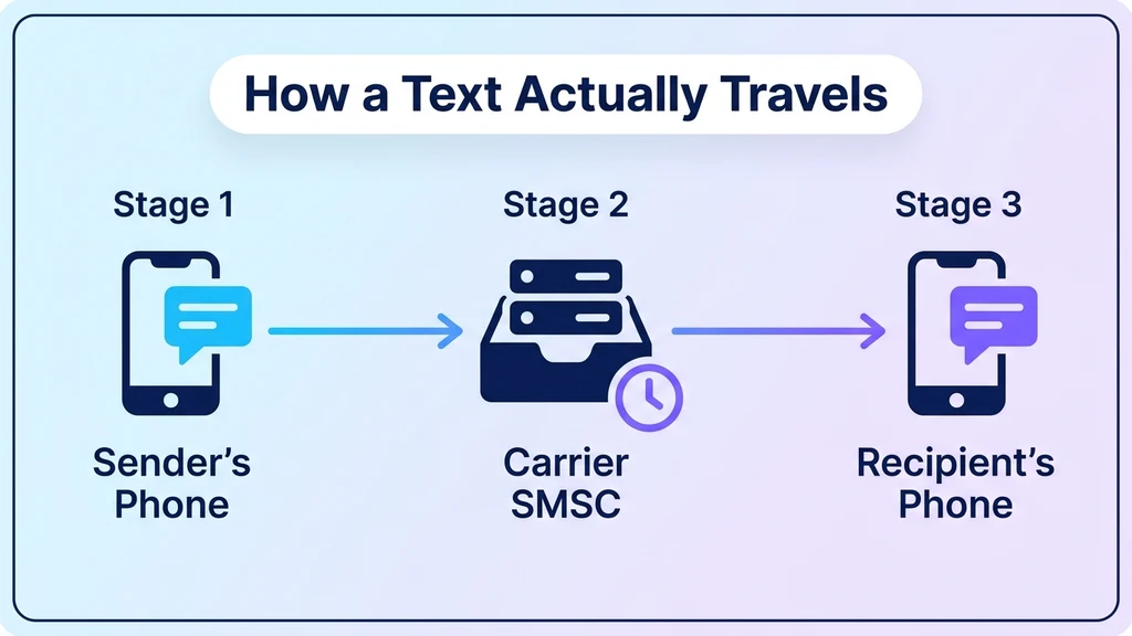SMS message flow: a text leaves the sender's phone, passes through the carrier's SMSC, and delivers to the recipient's phone