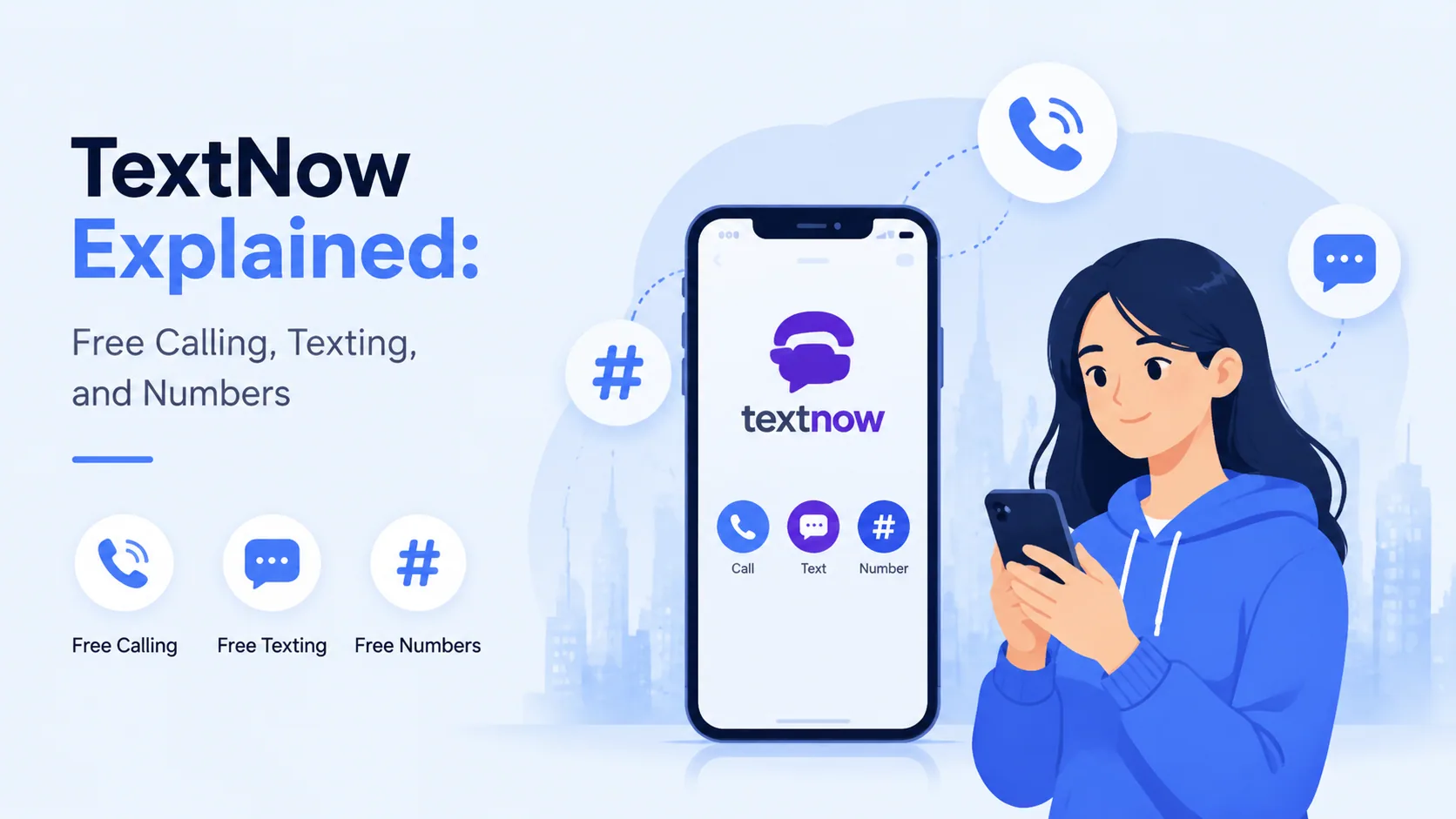 TextNow app explainer infographic showing the free Wi-Fi calling and texting service, a free US or Canada phone number, and what's actually free versus what costs extra