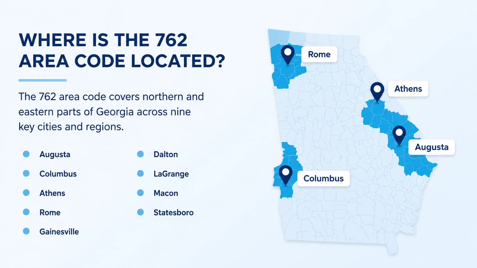 Where is the 762 area code located — northern and eastern Georgia cities